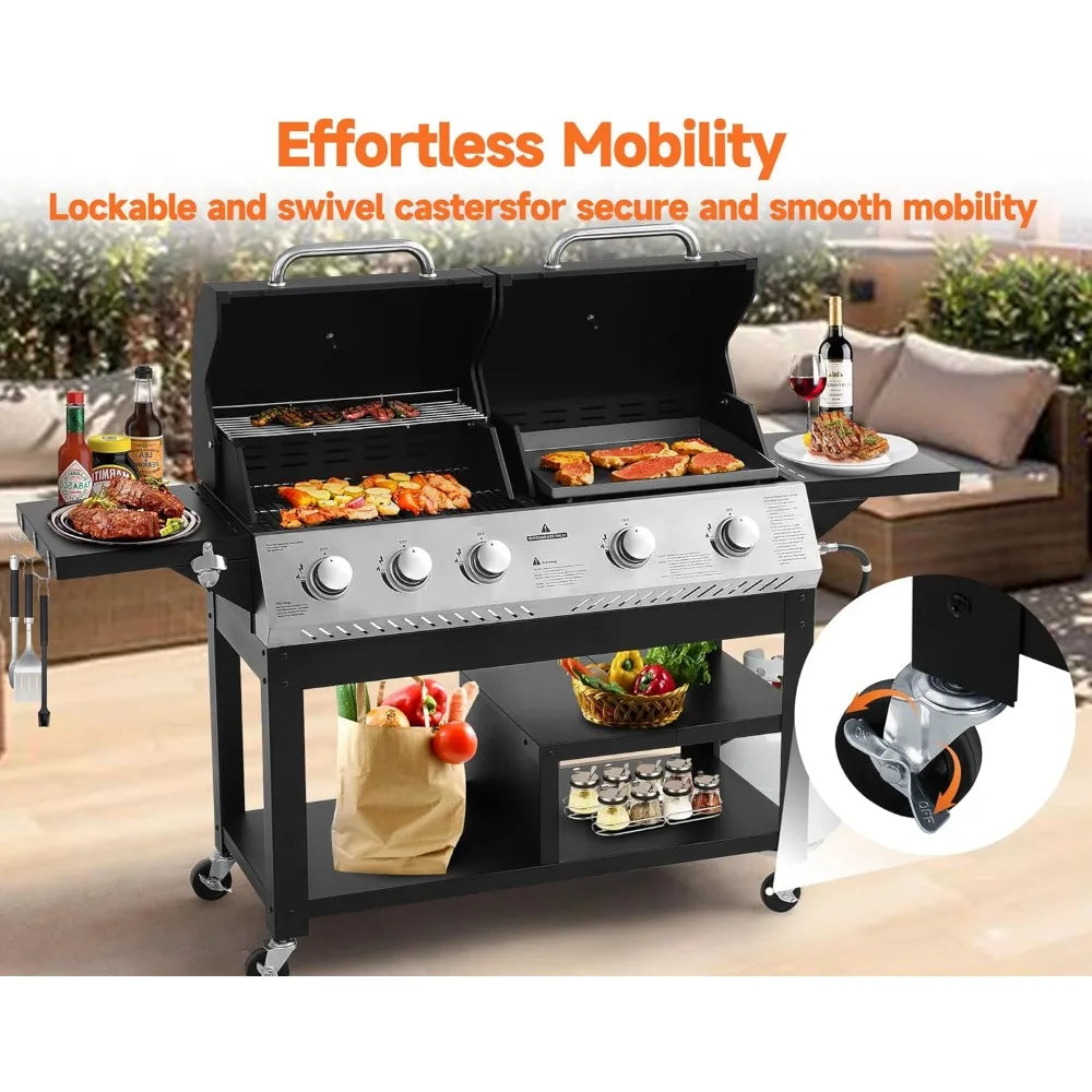 5 Burner Propane Gas Grill With Porcelain Enamel Cast Iron Grate 54000 BTU