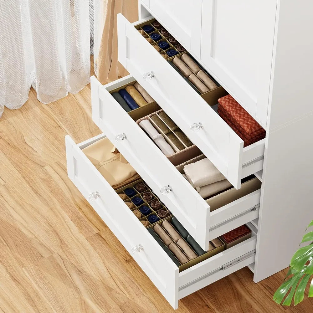 Dafify Wooden Armoire With Mirror Hanging Space And Drawers