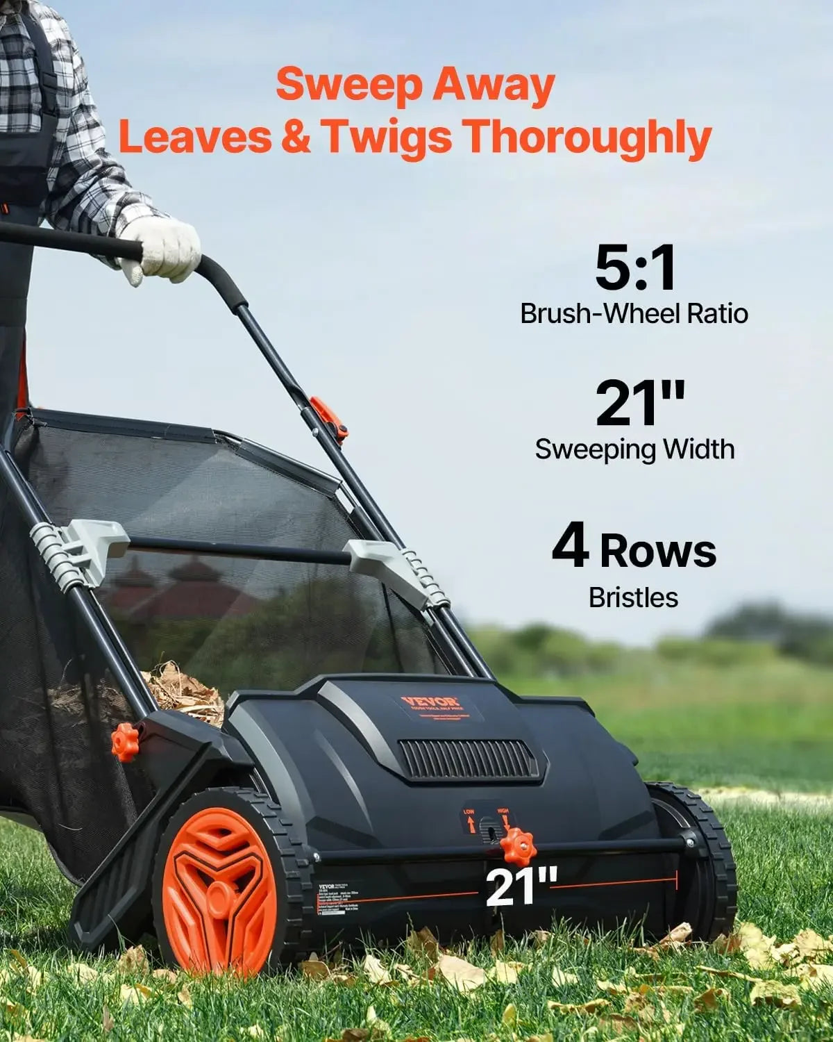Push Lawn Sweeper With Heavy Duty Steel And Rubber Wheels