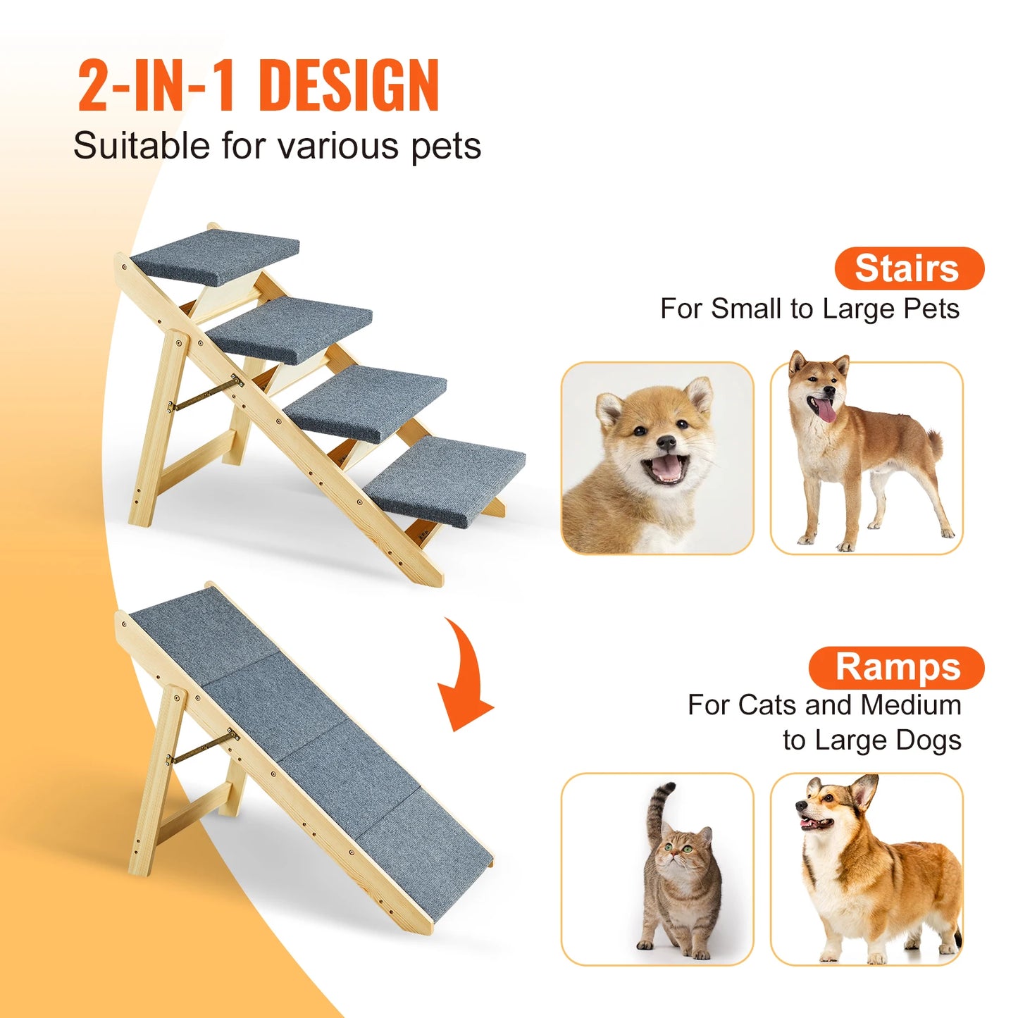 Wooden Pet Steps and Ramp Combo Foldable 2-In-1 Access Beds