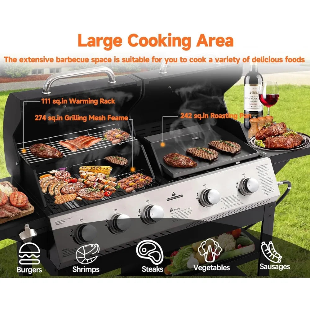 5 Burner Propane Gas Grill With Porcelain Enamel Cast Iron Grate 54000 BTU