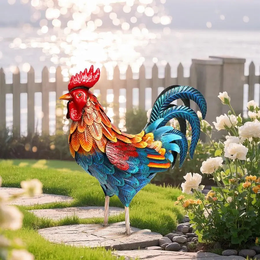 Metal Rooster Garden Statues Outdoor Chicken Sculptures Yard Decor