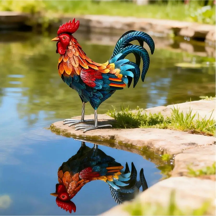 Metal Rooster Garden Statues Outdoor Chicken Sculptures Yard Decor