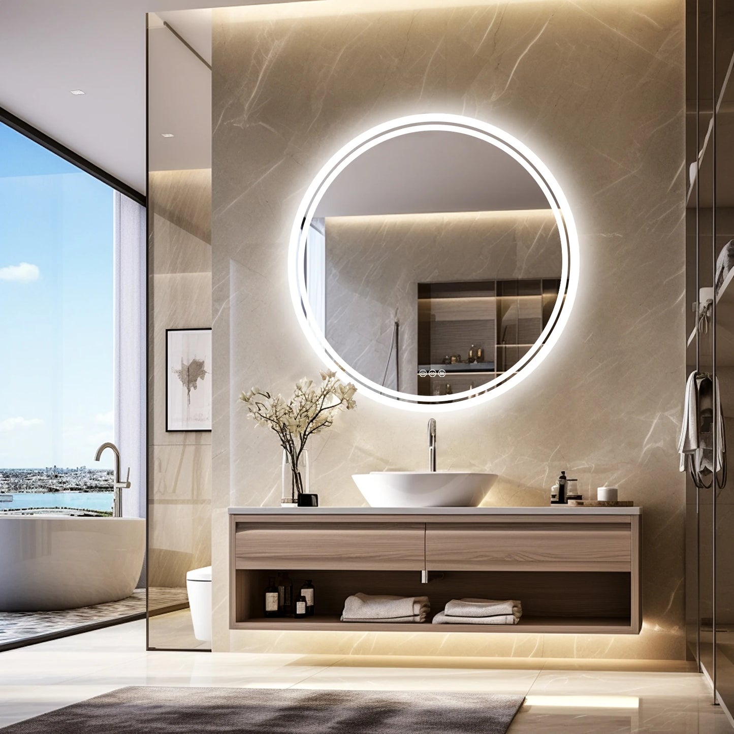 Circle LED Bathroom Mirror Backlit Anti-Fog Dimmable IP65