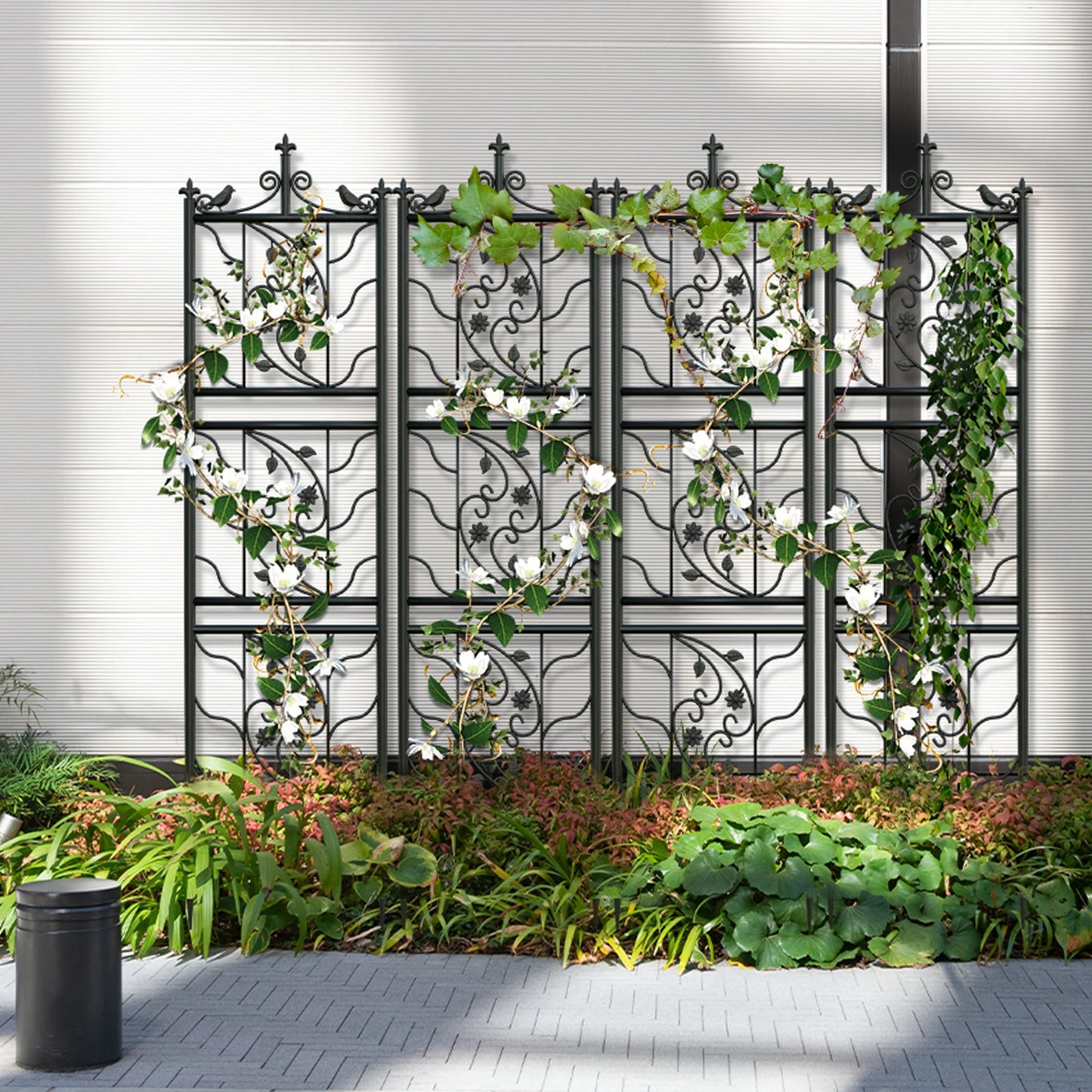 Metal Garden Trellis 2 Pack Bird Leaf Grid Panels Outdoor