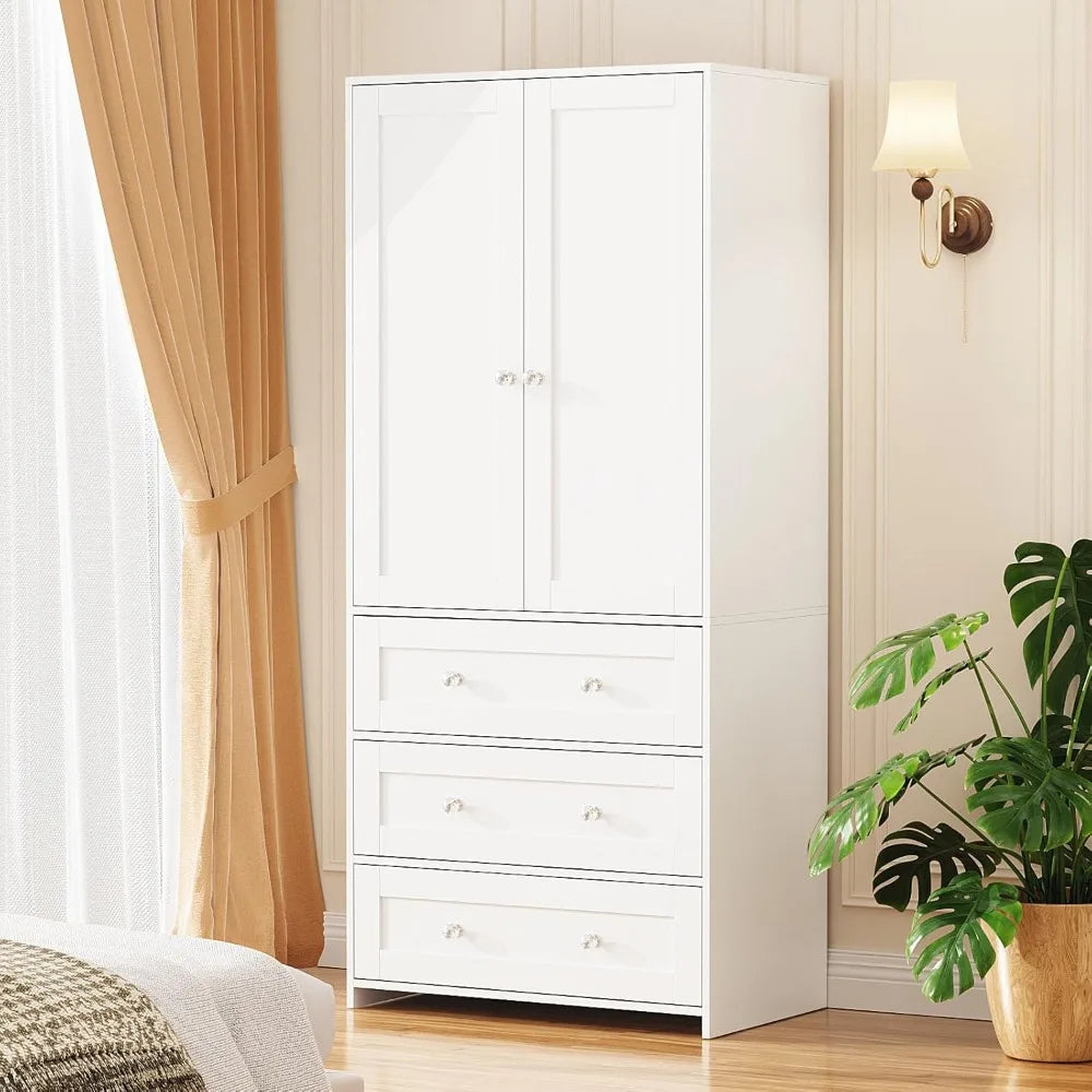 Dafify Wooden Armoire With Mirror Hanging Space And Drawers