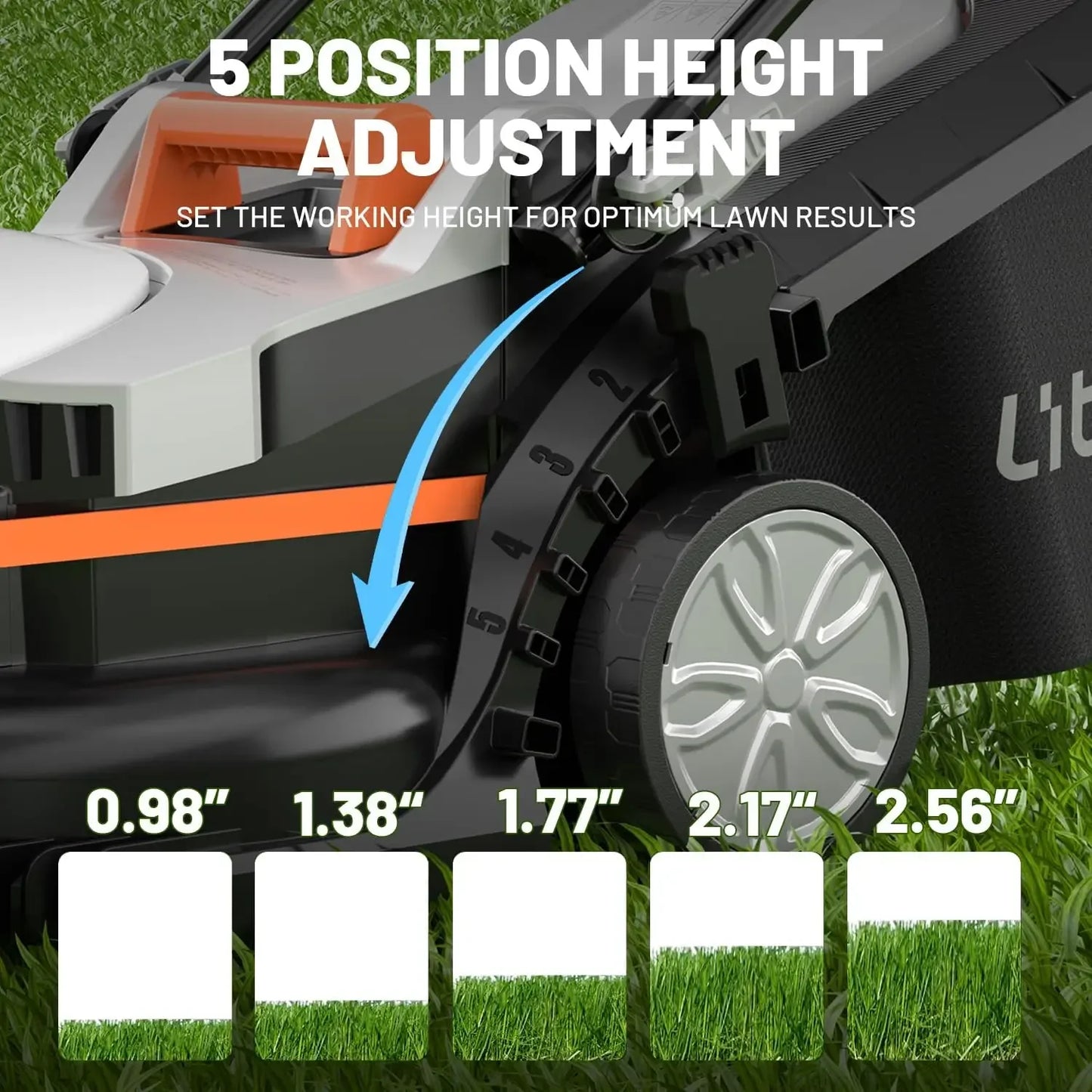 XMSJ Cordless Lawn Mower 20V Five Position Height Adjustment Battery