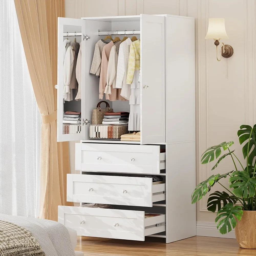Dafify Wooden Armoire With Mirror Hanging Space And Drawers