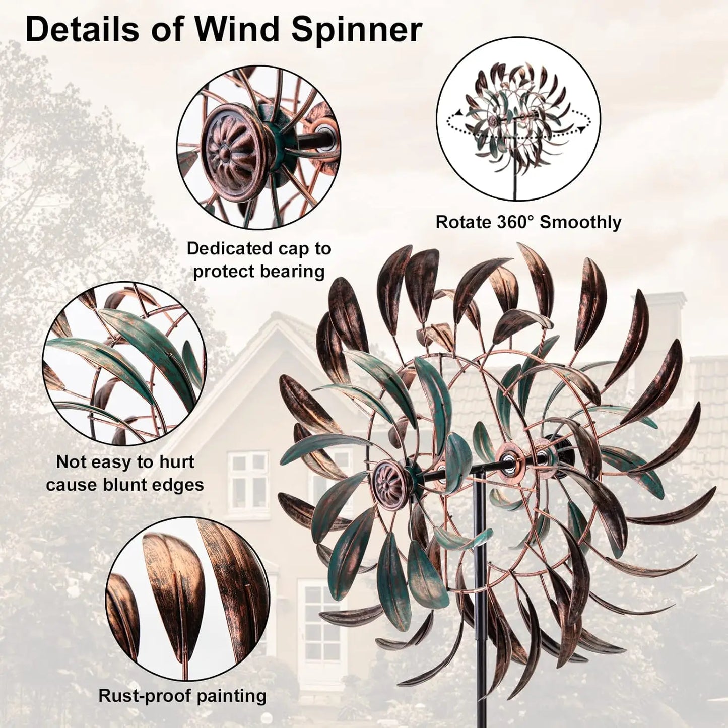 Metal Wind Spinner Sculpture For Outdoor Garden Decor 360 Rotation