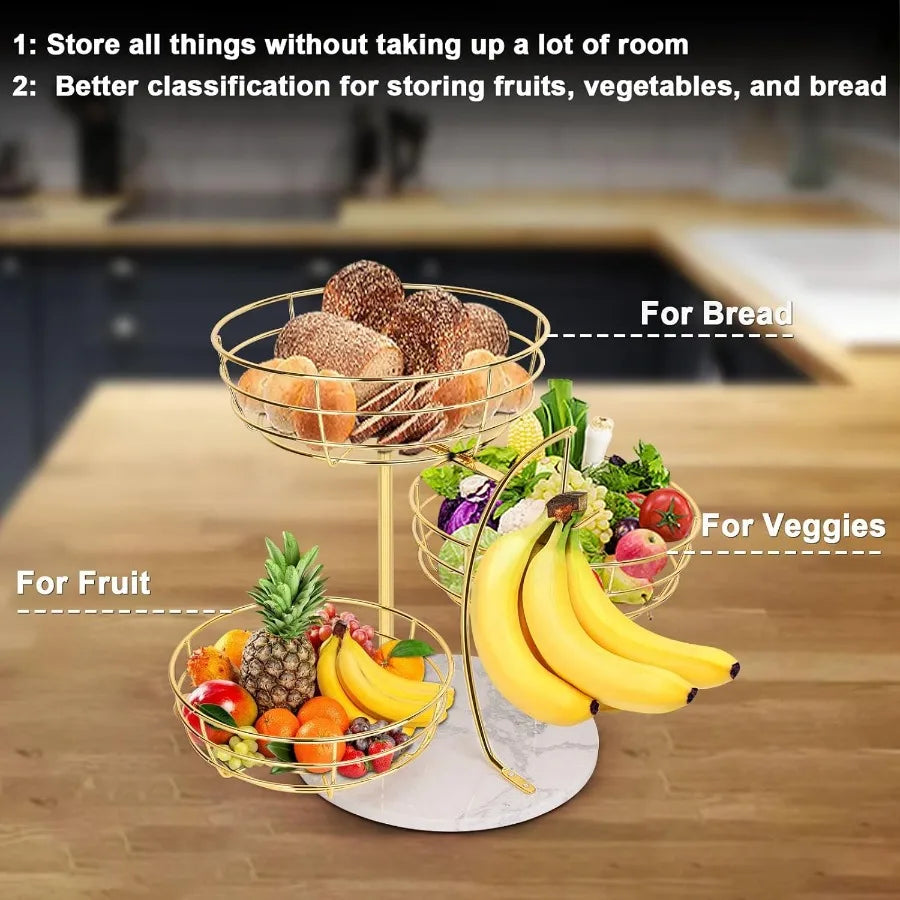 Livabber Metal Fruit Basket With Banana Hanger For Kitchen Counter