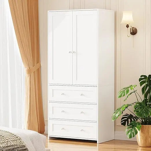 Dafify Wooden Armoire With Mirror Hanging Space And Drawers