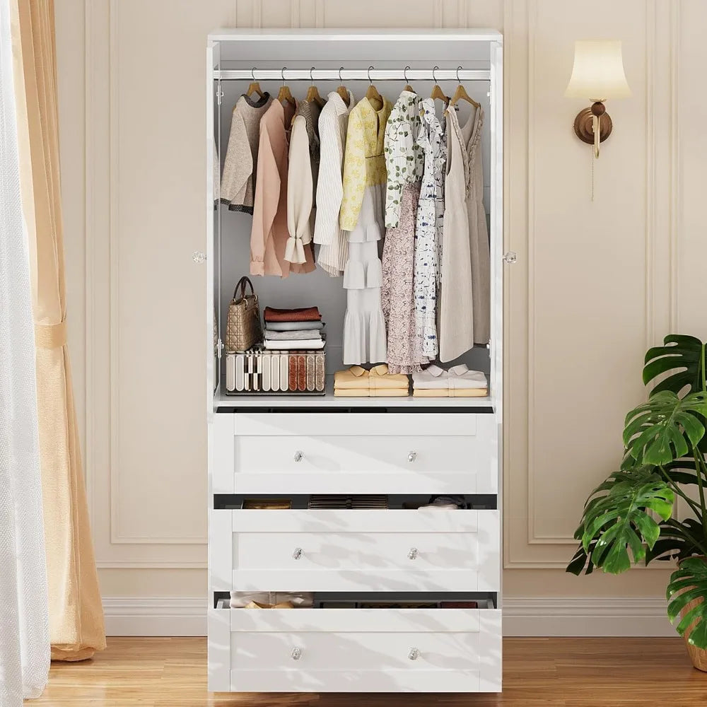 Dafify Wooden Armoire With Mirror Hanging Space And Drawers