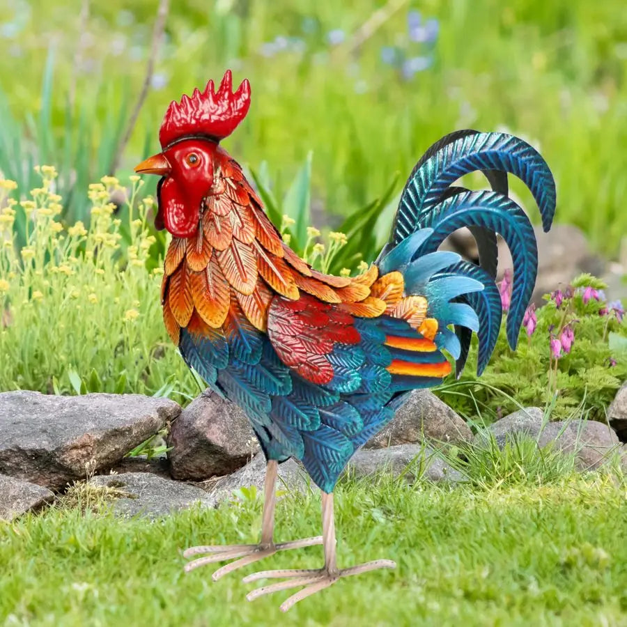 Metal Rooster Garden Statues Outdoor Chicken Sculptures Yard Decor