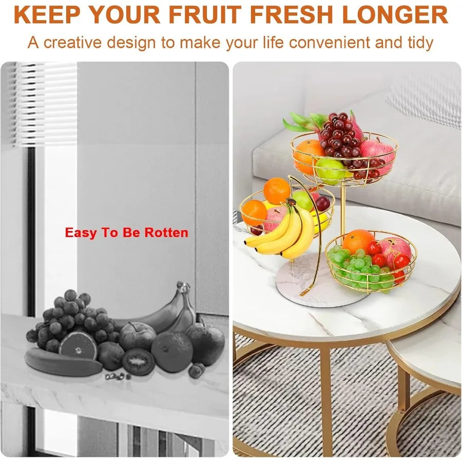 Livabber Metal Fruit Basket With Banana Hanger For Kitchen Counter